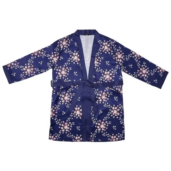 Morgan Lane Navy Pink Floral Satin Tie Close Silky Lounge Allie Robe Size Small